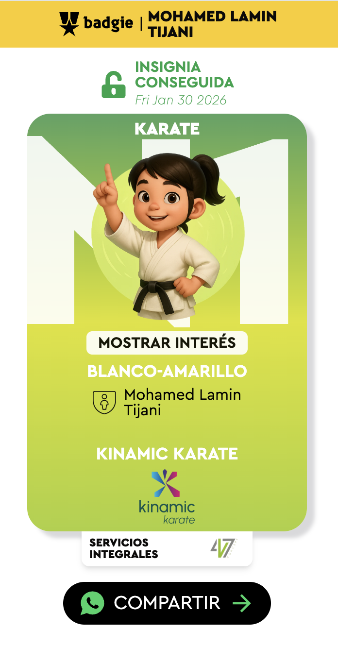 Insignia digital Badgie de Kinamic Karate — ejemplo real de un logro conseguido por un alumno